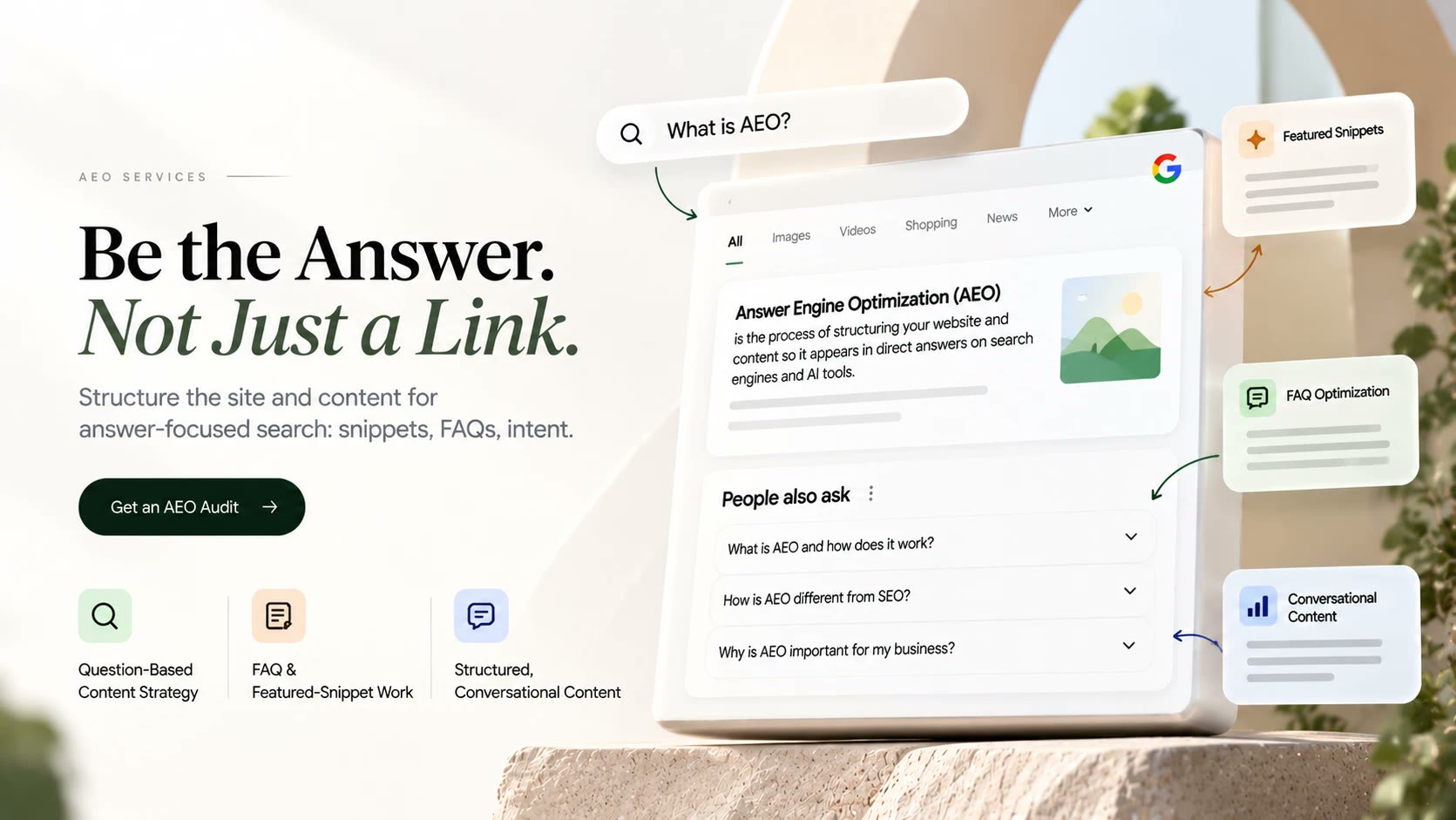 Illustration: Axon Creative's AEO services graphic reading 'Be the Answer. Not Just a Link.' beside a mock Google results page for the query 'What is AEO?', with a sample answer box and a People also ask list.