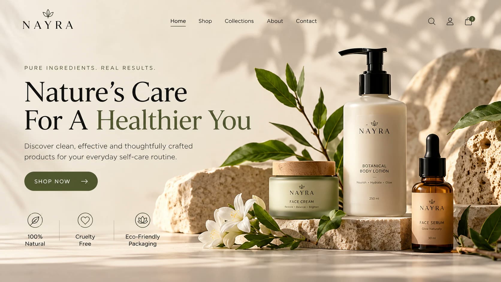 Illustration: a sample homepage design for a skincare brand called NAYRA, with a headline, a Shop Now button, and a cream jar, a lotion bottle and a serum bottle arranged on stone.