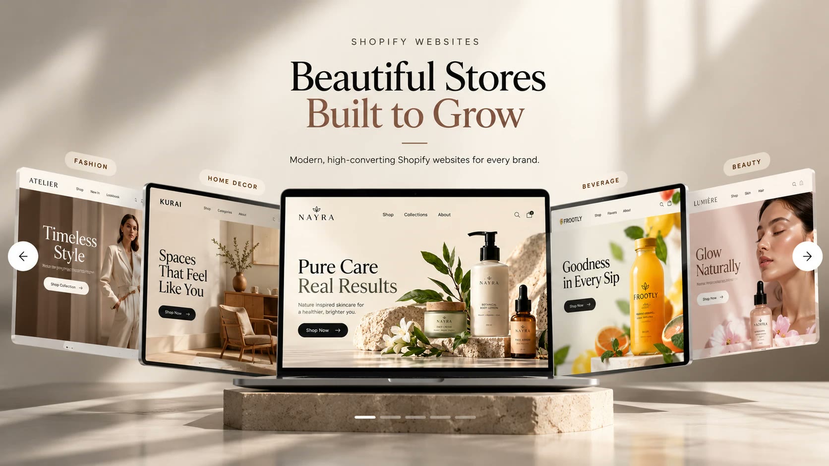 Illustration: sample Shopify store homepage designs for fashion, home decor, skincare, beverage and beauty brands, shown on a laptop and floating screens under the headline Beautiful Stores Built to Grow.